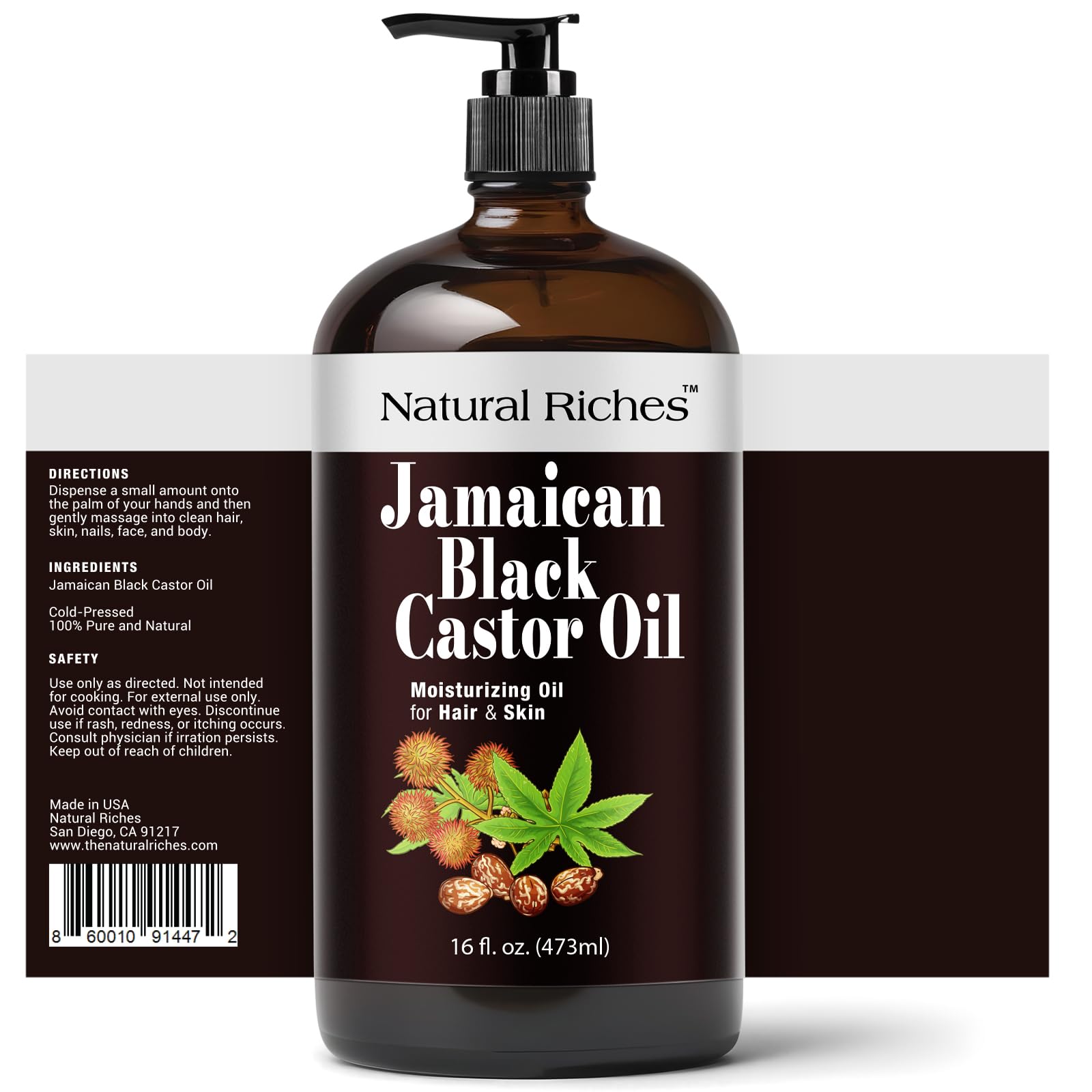 Natural Riches Jamaican Black Castor Oil glass-bottle closeup highlights purity for skin