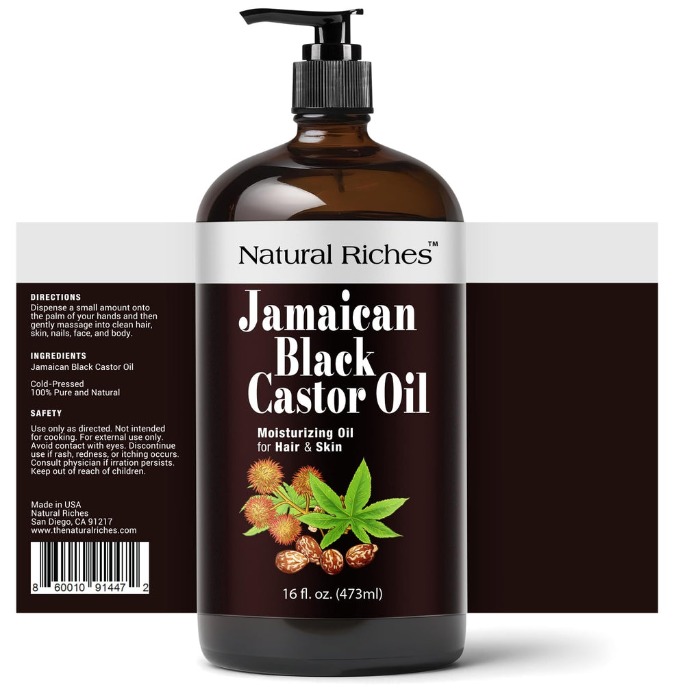 Natural Riches Jamaican Black Castor Oil glass-bottle closeup highlights purity for skin