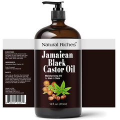 Natural Riches Jamaican Black Castor Oil glass-bottle closeup highlights purity for skin