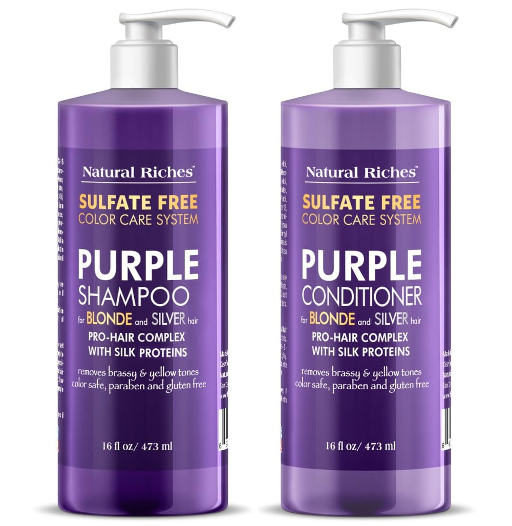Natural Riches Purple Shampoo bottle demonstrates color-safe formula for blonde and silver tones.