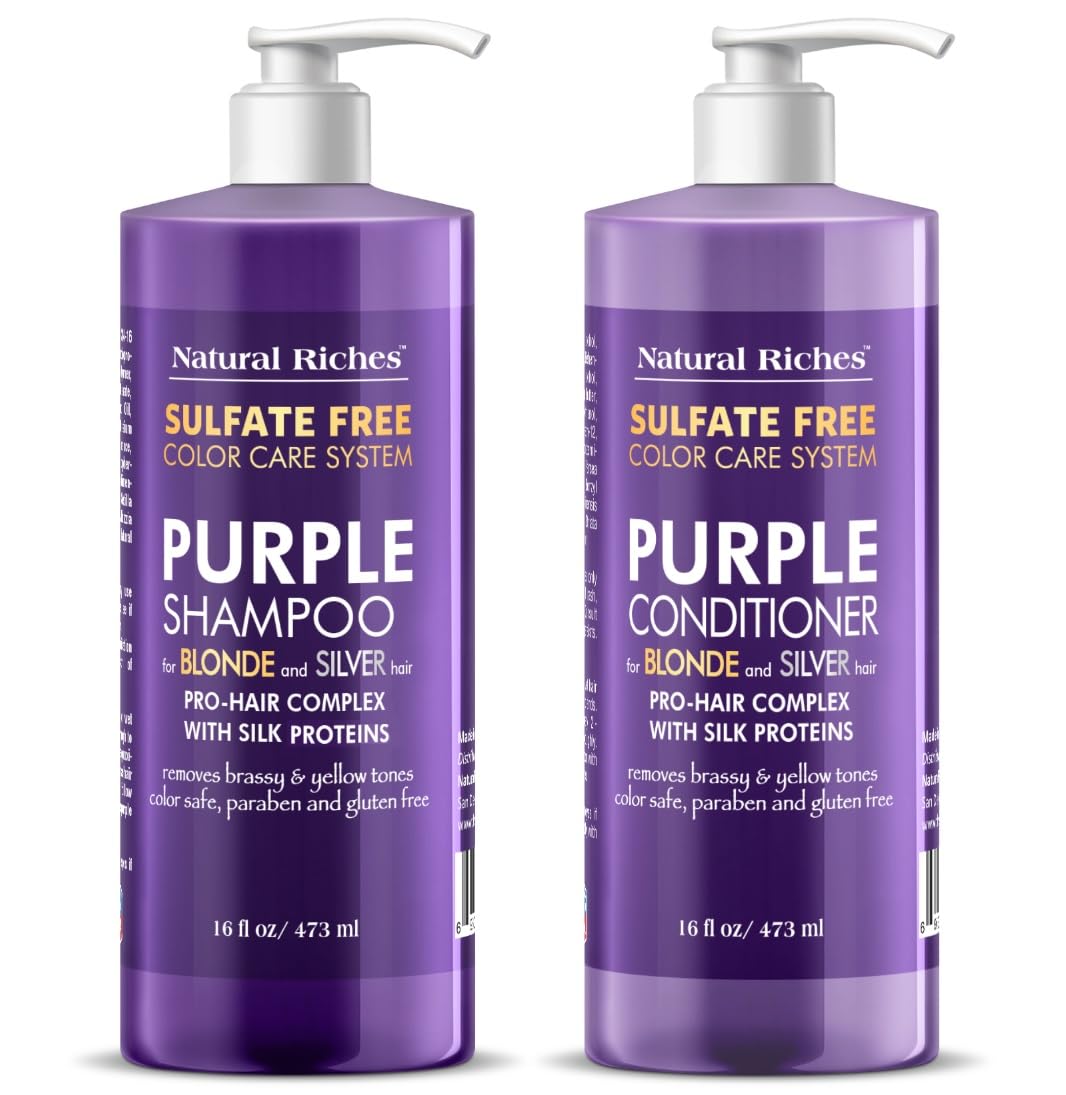 Natural Riches Purple Shampoo bottle demonstrates color-safe formula for blonde and silver tones.