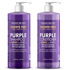 Natural Riches Purple Shampoo bottle demonstrates color-safe formula for blonde and silver tones.