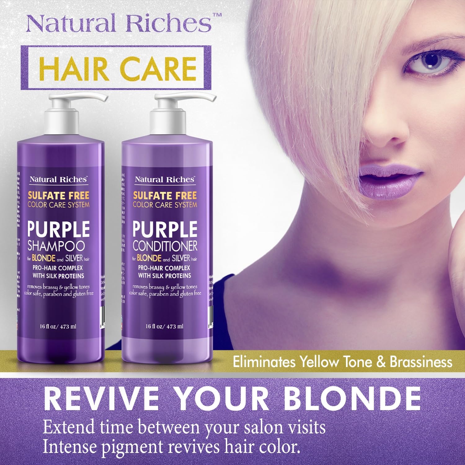 Natural Riches Purple Shampoo pour neutralizes brassiness for cooler color.