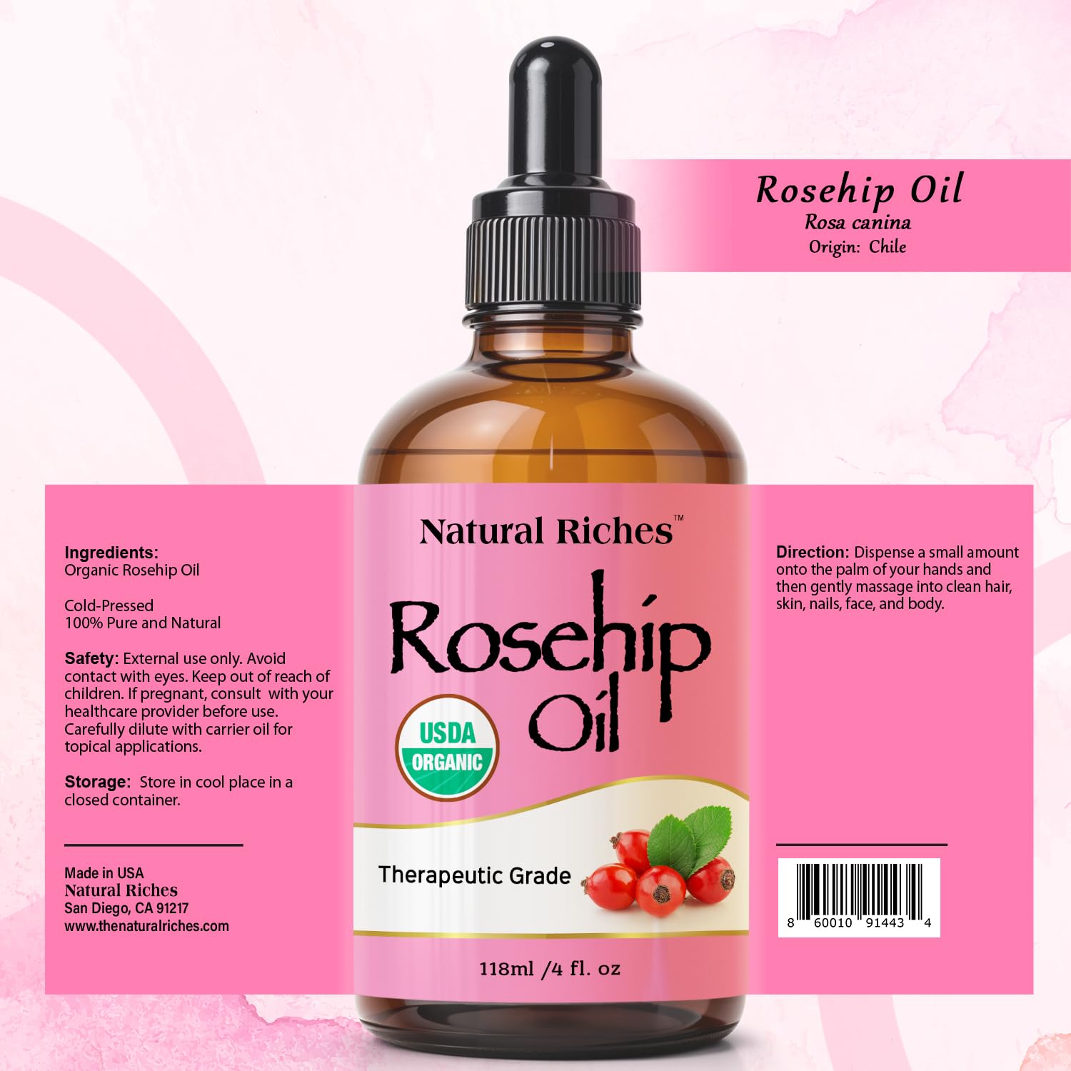Natural Riches rosehip oil dropper closeup shows cold-pressed purity