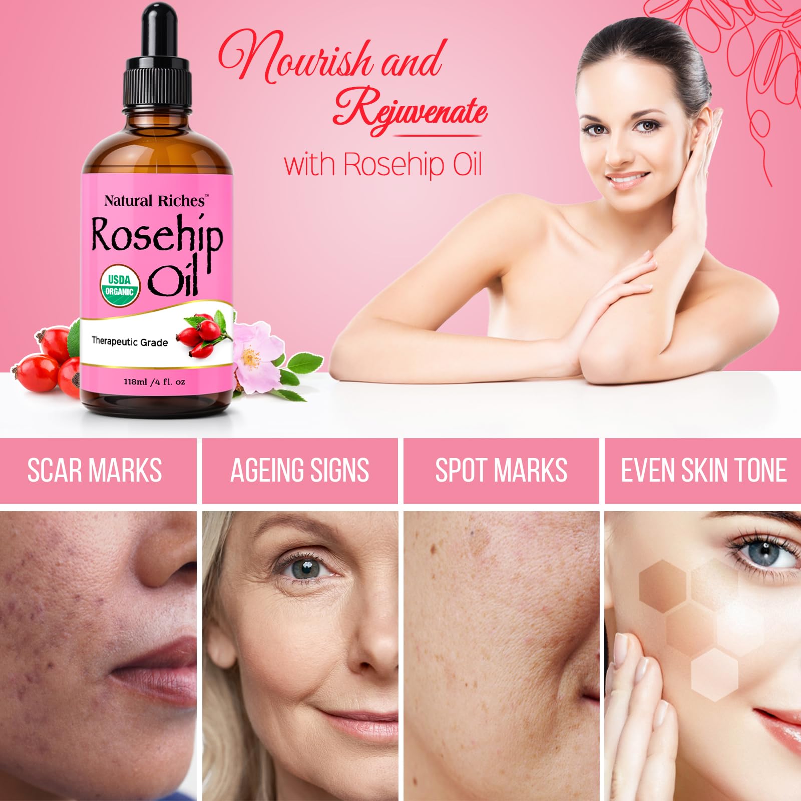 Natural Riches rosehip oil in use on face shows gentle hydration