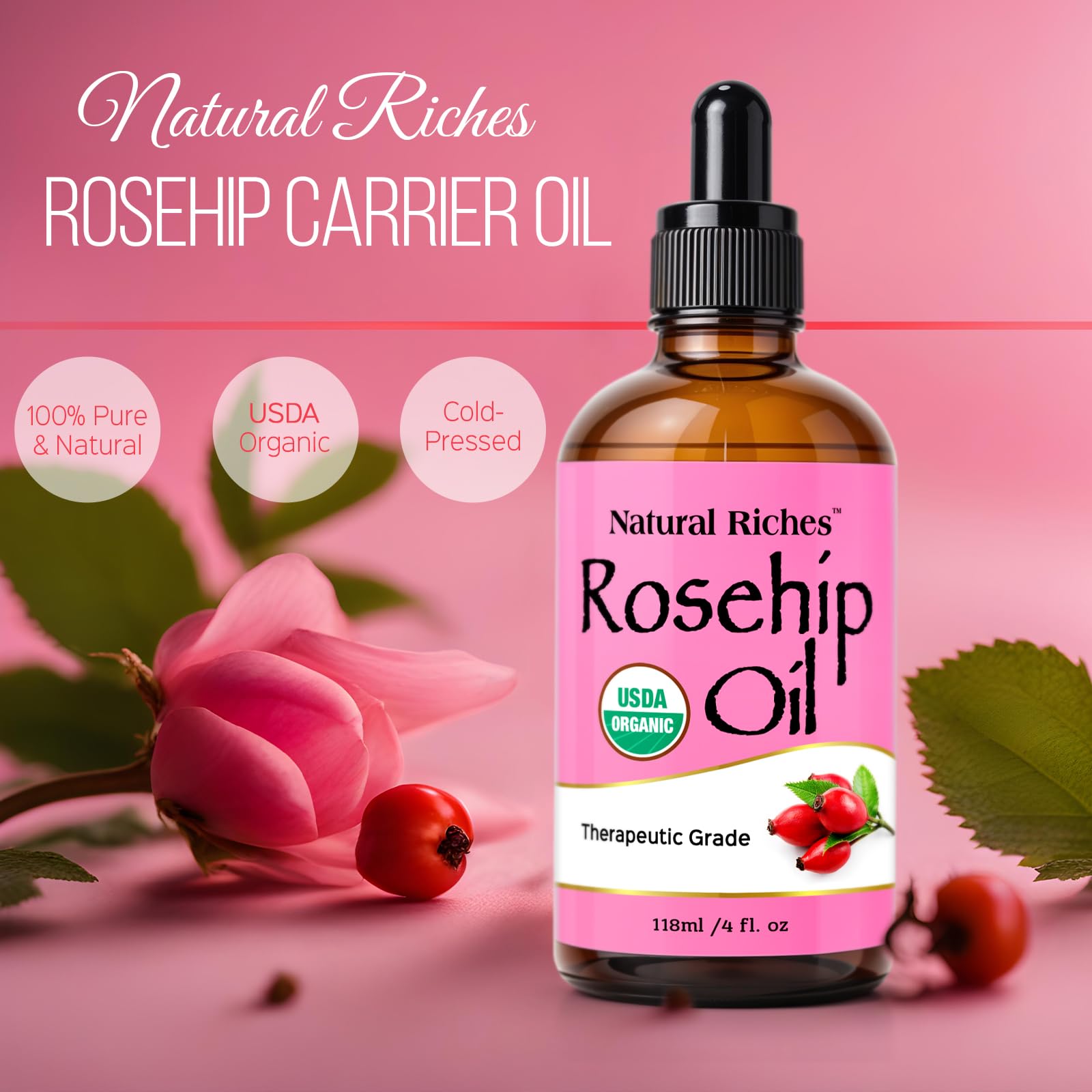 Natural Riches rosehip oil ingredients label confirms organic, non-GMO