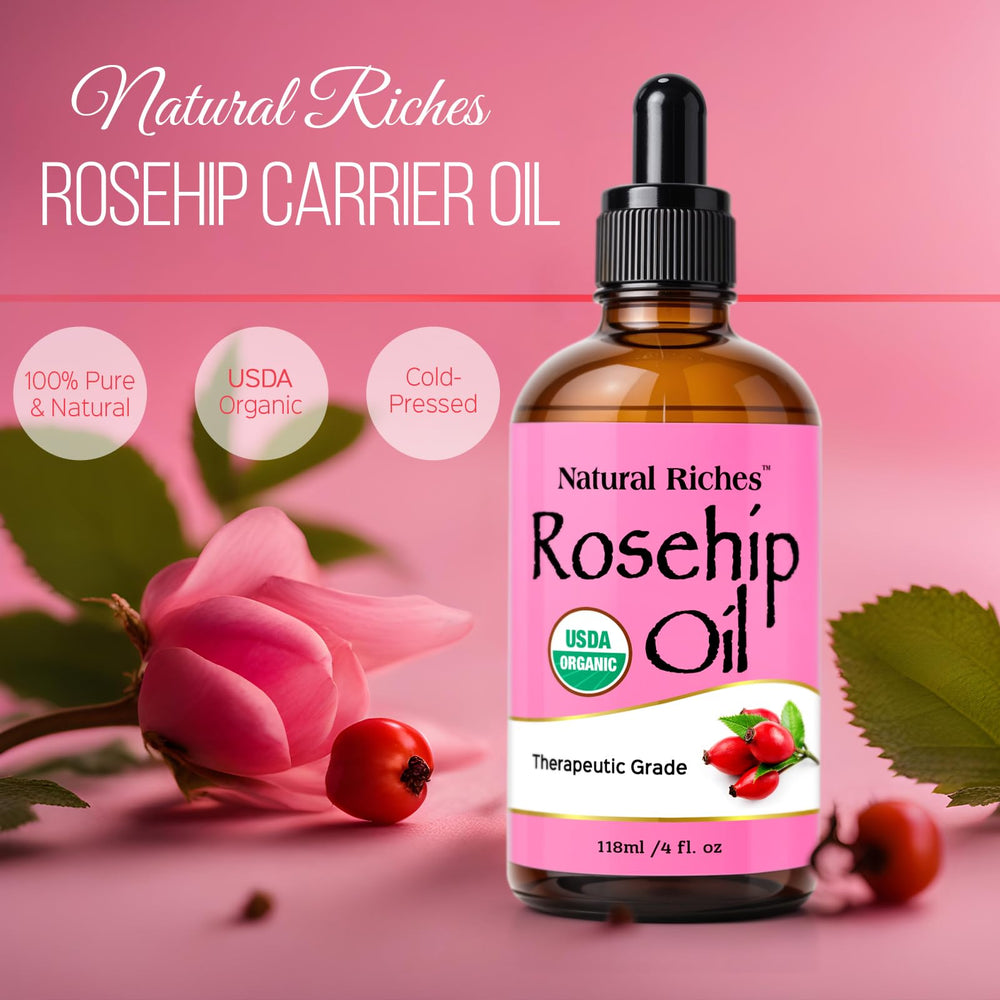 Natural Riches rosehip oil ingredients label confirms organic, non-GMO