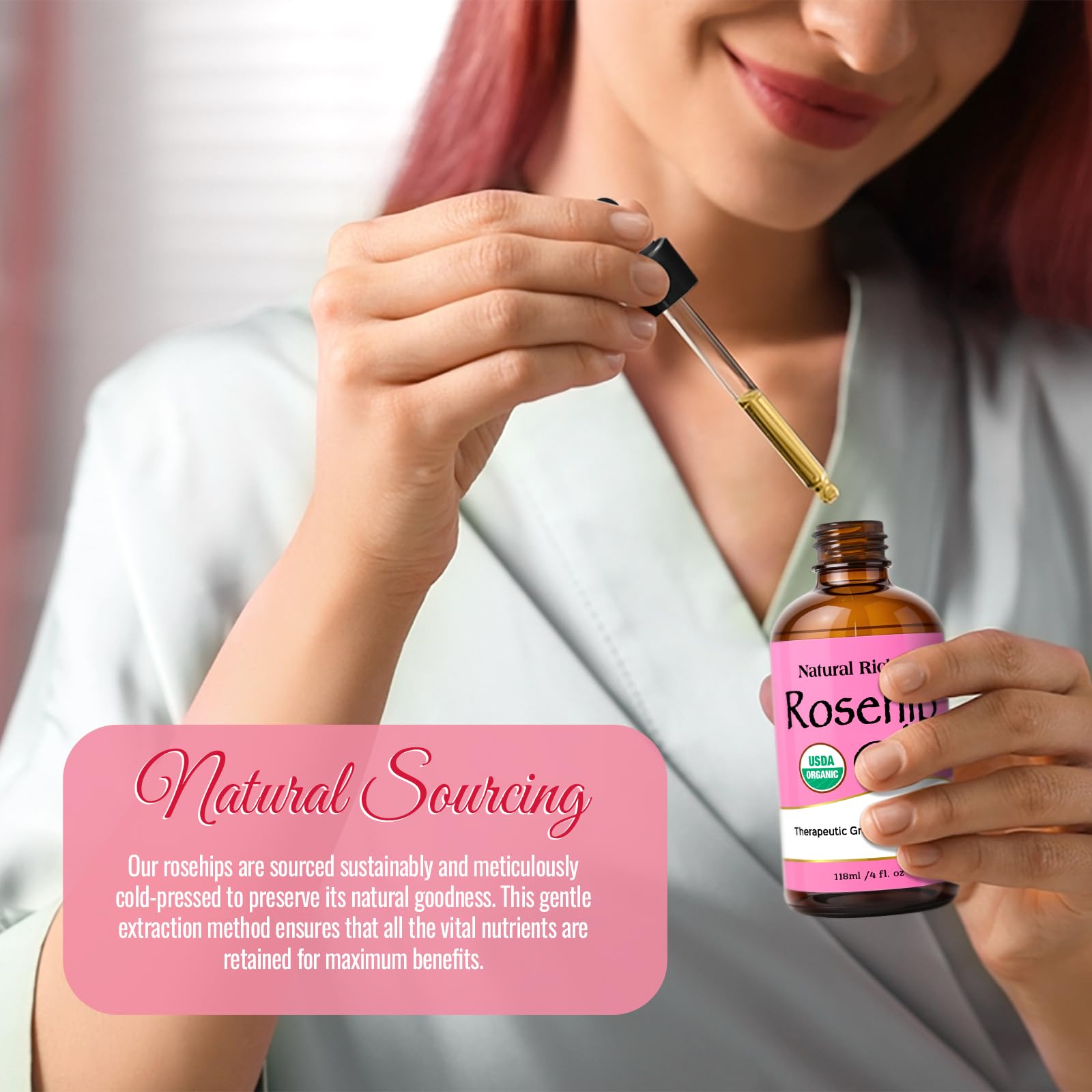 Natural Riches rosehip oil on skin glow suggests lightweight hydration