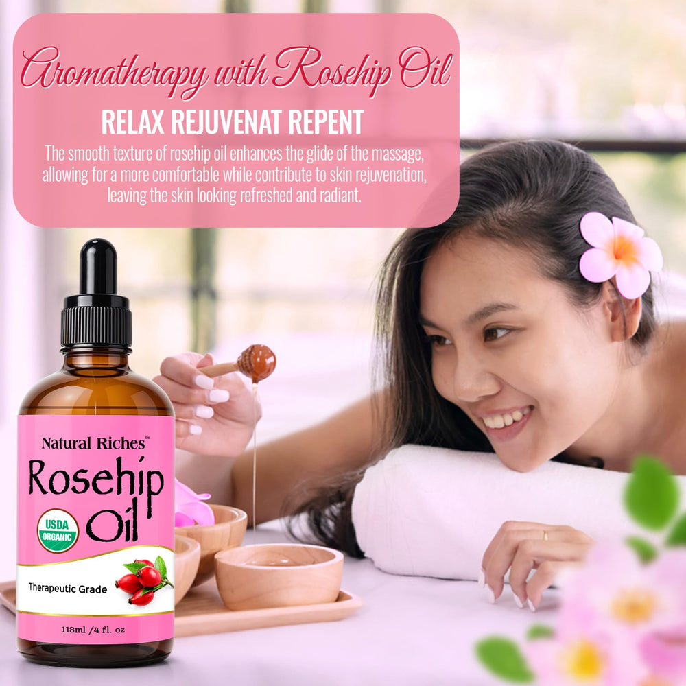 Natural Riches rosehip oil packaging with glass bottle emphasizes premium safety