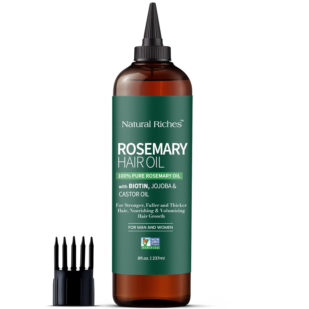 Natural Riches rosemary oil bottle label emphasizes premium, USA-made ethics