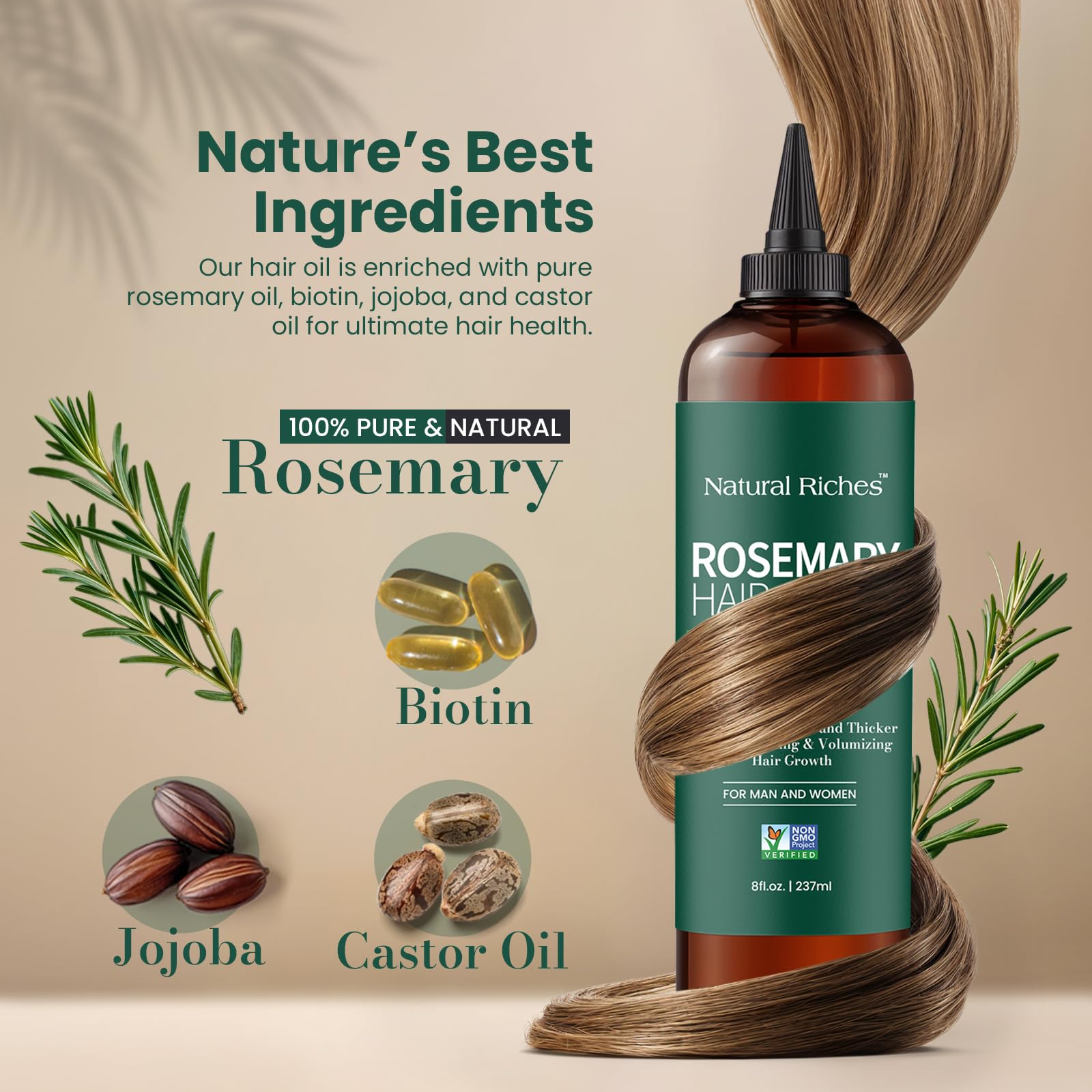 Natural Riches Rosemary Oil pour highlights immediate scalp nourishment and easy application