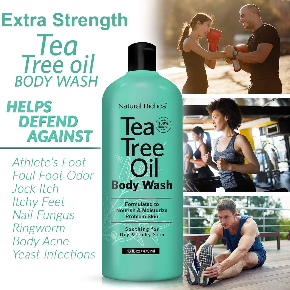 Natural Riches Tea Tree Body Wash ingredients panel with aloe and tea tree