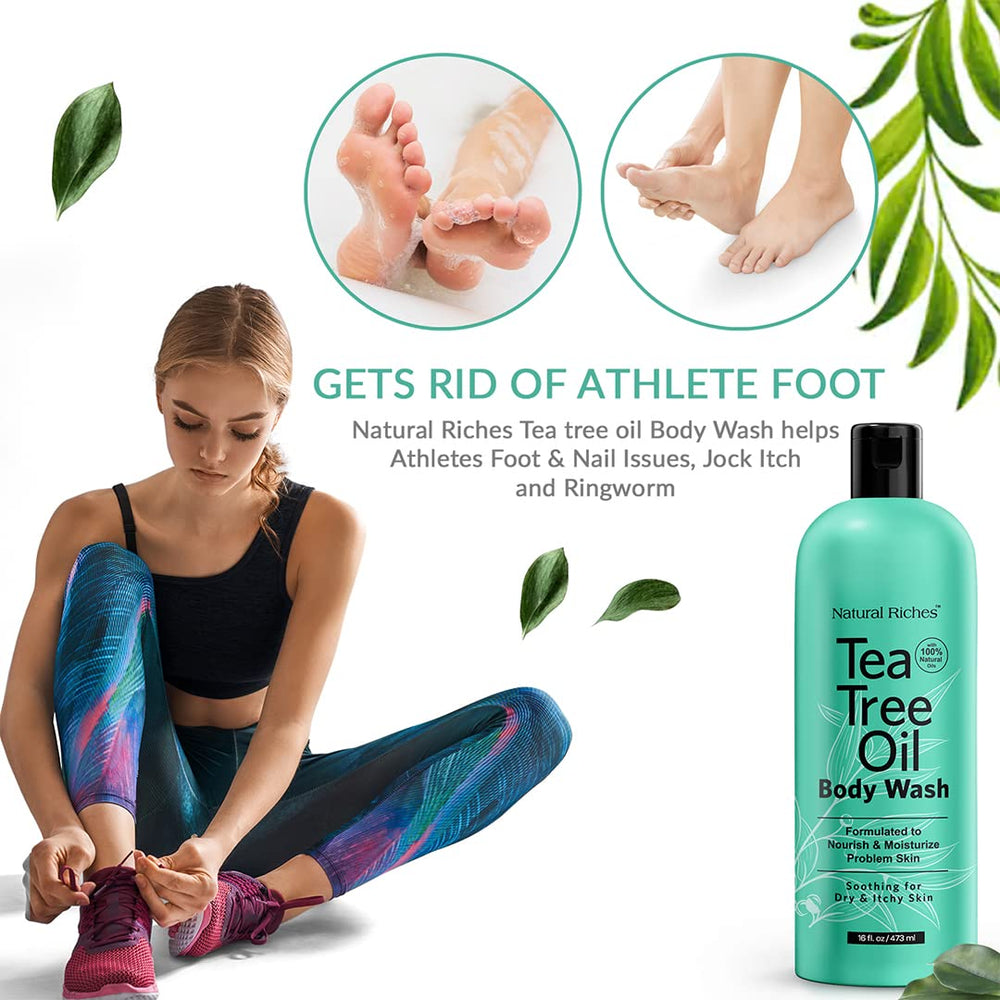 Natural Riches Tea Tree Oil Body Wash ingredients closeup highlights jojoba, aloe, and eucalyptus.