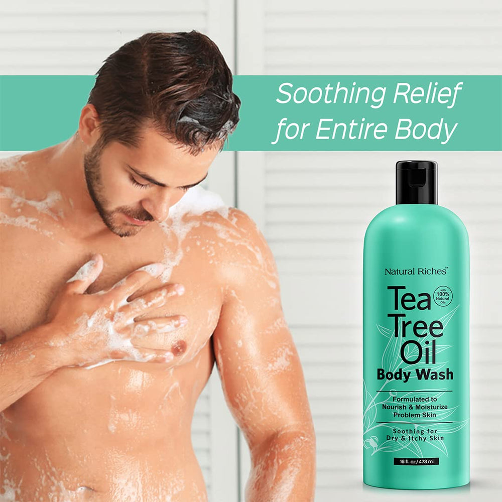Natural Riches Tea Tree Oil Body Wash jojoba oil application suggests moisturizing cleanse.