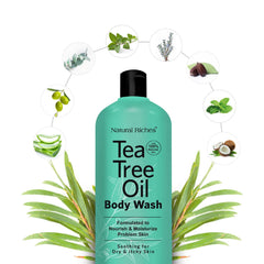 Natural Riches Tea Tree Oil Body Wash lather demonstrates rich cleansing suitable for sensitive skin.