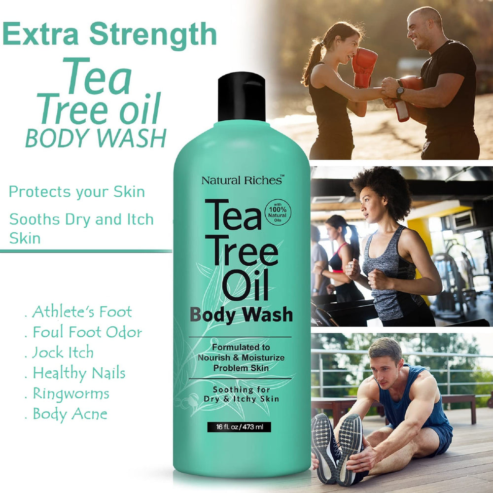 Natural Riches Tea Tree Oil Body Wash pump dispenser enables easy, controlled application.
