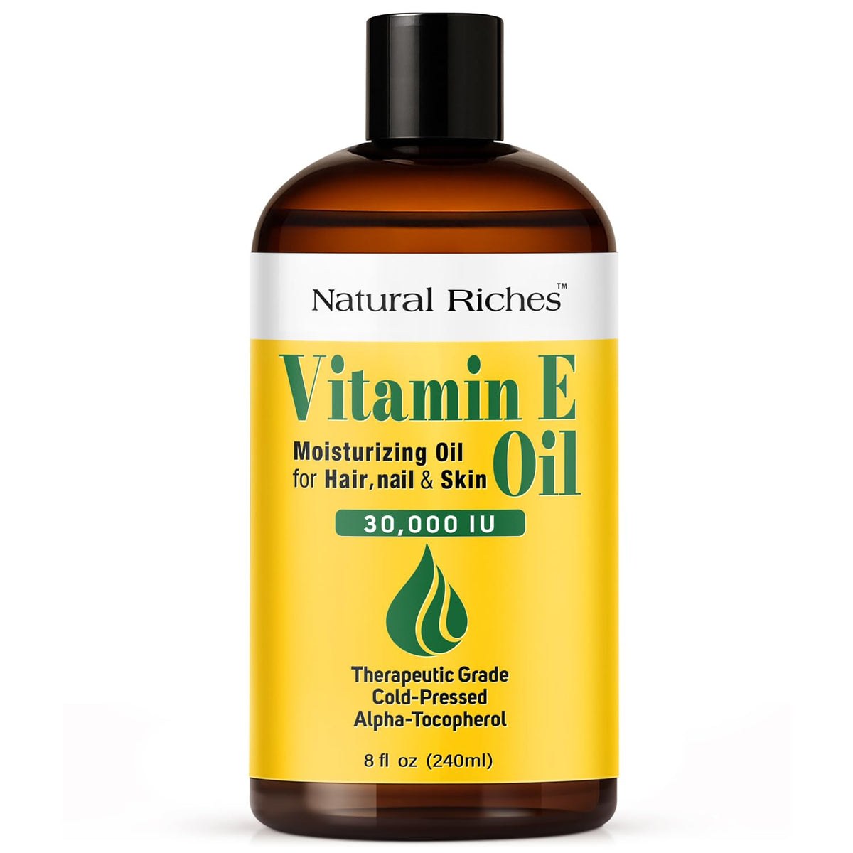 Natural Riches Vitamin E oil bottle close-up showing pure hydration for skin.