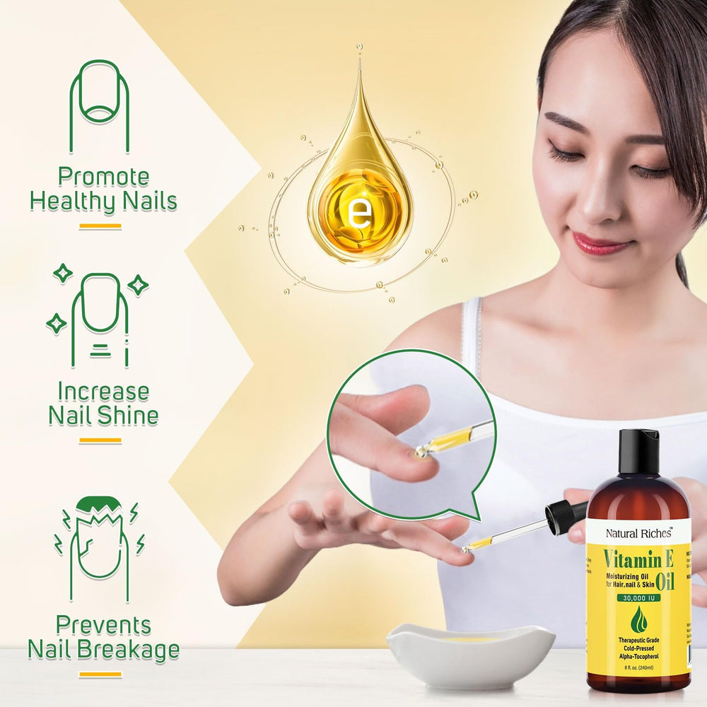 Natural Riches Vitamin E oil on hair for shine and smoothness.