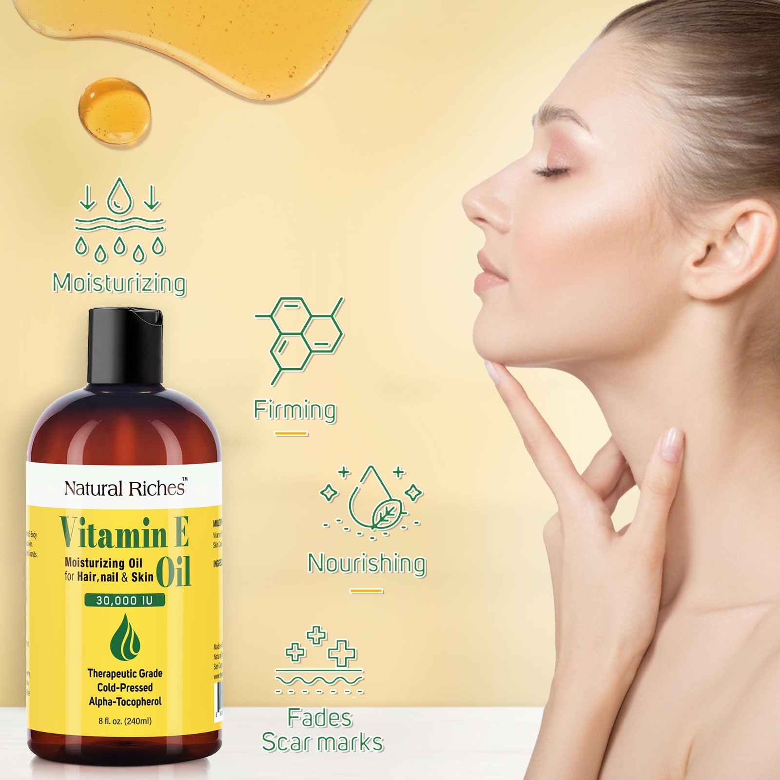 Natural Riches Vitamin E oil texture spread on skin for a healthy glow.