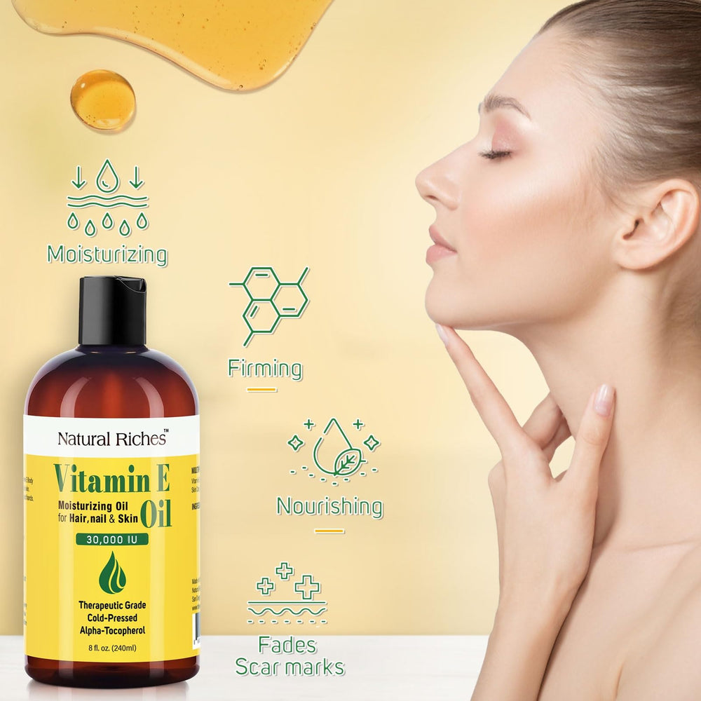 Natural Riches Vitamin E oil texture spread on skin for a healthy glow.