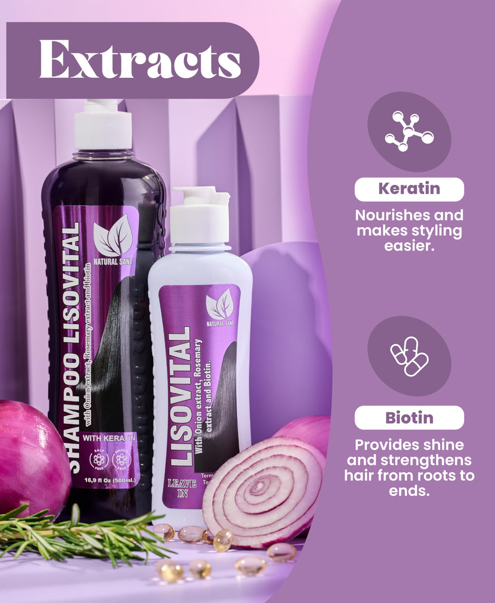 Natural Sant Liso Vital ingredients with red onion, rosemary, biotin highlight nourishing formula