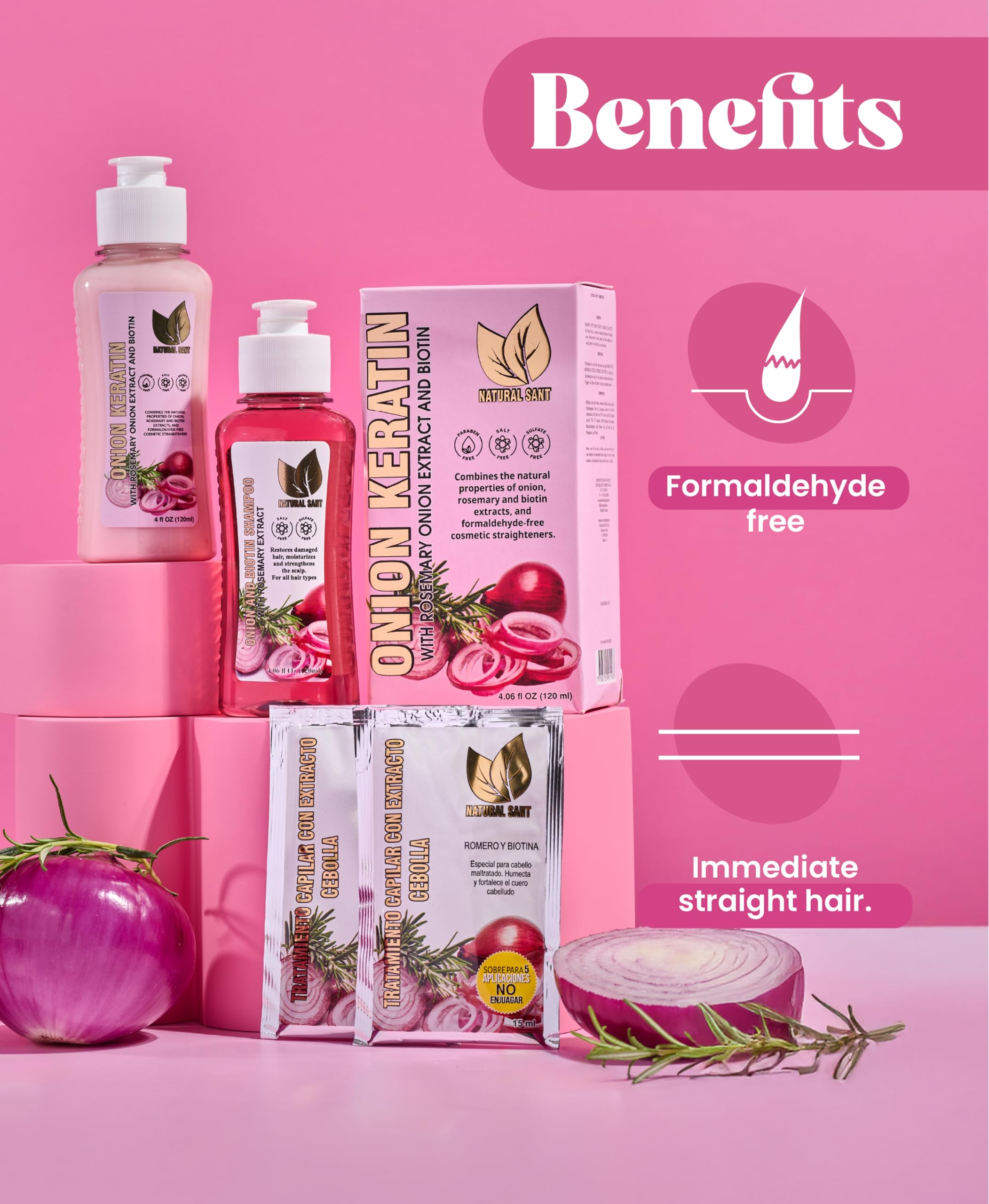 Natural Sant natural-ingredients closeup highlights onion, rosemary and biotin care.