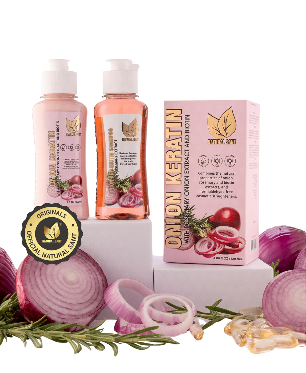 Natural Sant Onion Keratin DuoBox bottle for smooth, frizz-controlled styling.