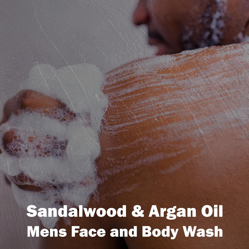 Natural Wunderz mens wash sandalwood-argon bathroom scene showing daily shower ritual