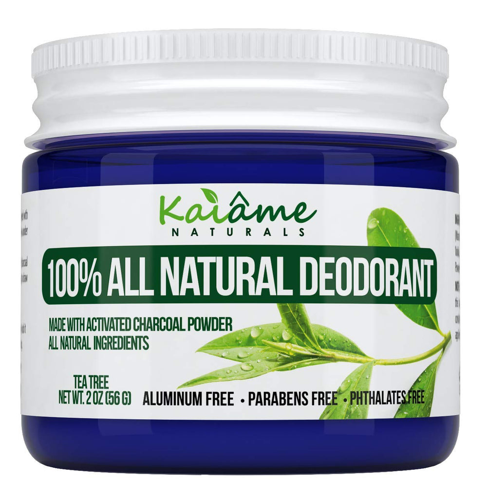 Naturally Sourced Kaiame Tea Tree Deodorant jar with activated charcoal for odor control and moisture absorption.