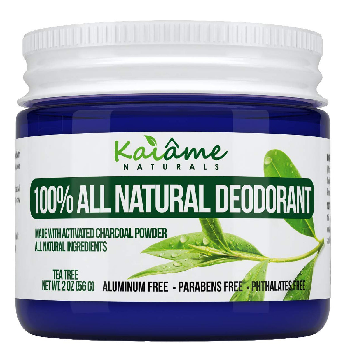 Naturally Sourced Kaiame Tea Tree Deodorant jar with activated charcoal for odor control and moisture absorption.