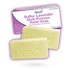 Naturasil sulfur lavender soap bar packaging shows gentle daily cleansing for all skin types.