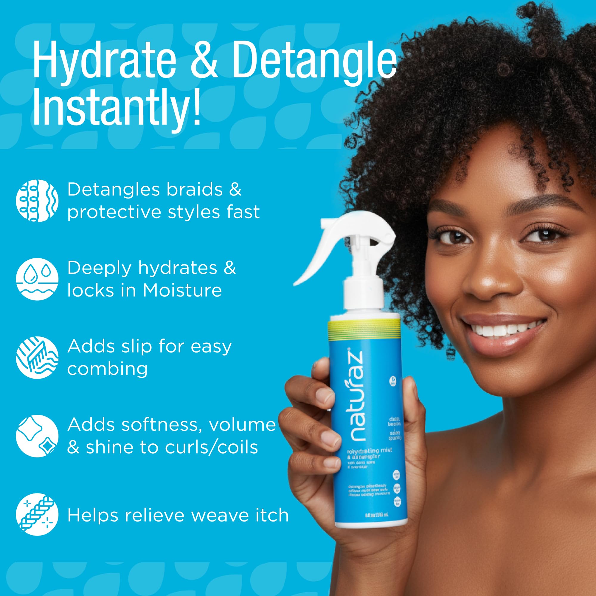 Naturaz Rehydrating Mist spray in action on curly hair for slip