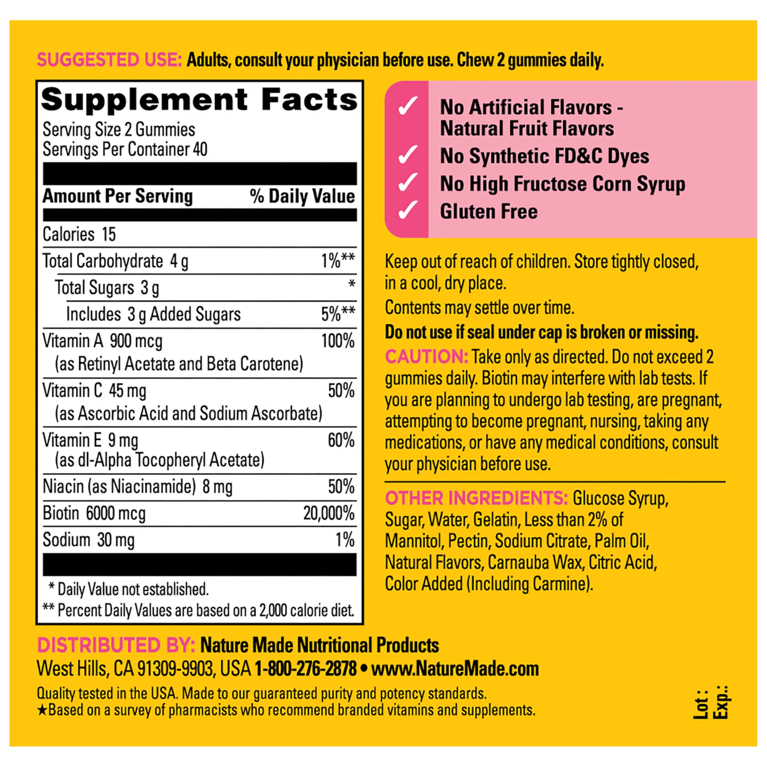 Nature Made badge detail showing no synthetic dyes or HFCS, emphasizes cleaner ingredients
