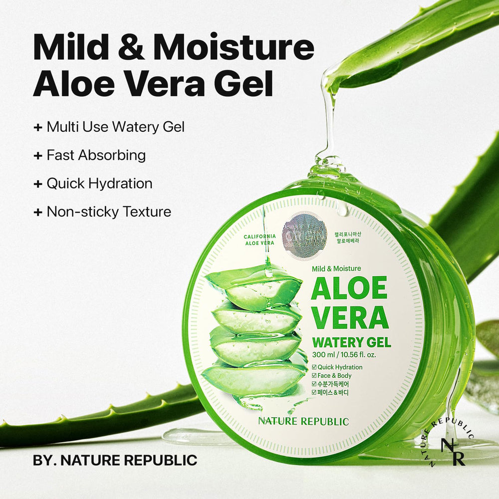 Nature Republic Aloe Vera Watery Gel close up shows light texture for fast absorption.