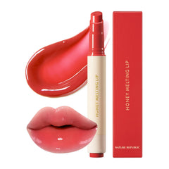 Nature Republic Honey Melting Lip 04 Pomegranate close-up shows a honey-soft glide with sheer color