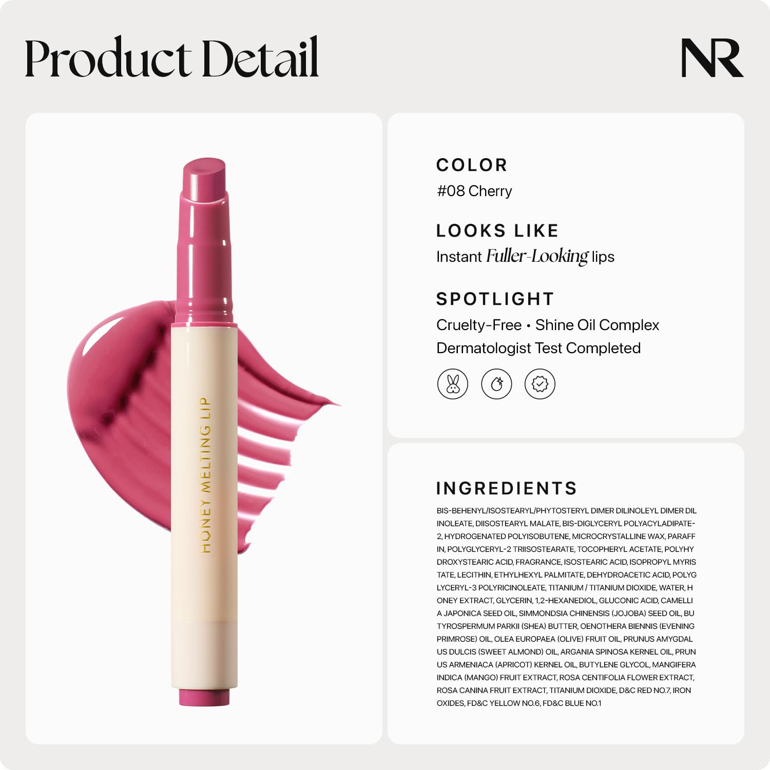 Nature Republic Honey Melting Lip 08 Dark Cherry Choux Shine Oil Complex hydration.