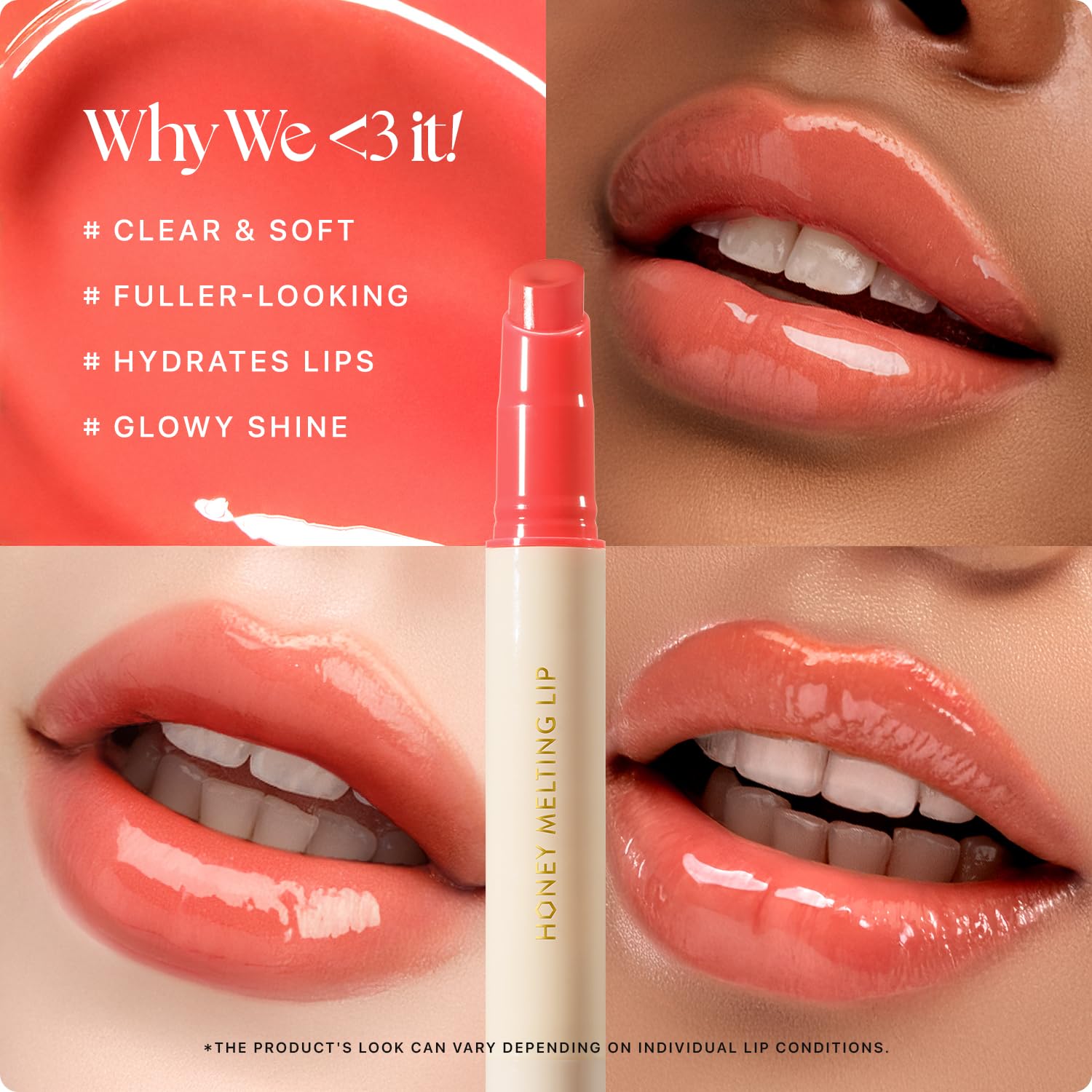 Nature Republic Honey Melting Lip 10 Peach texture closeup highlights glossy hydration.