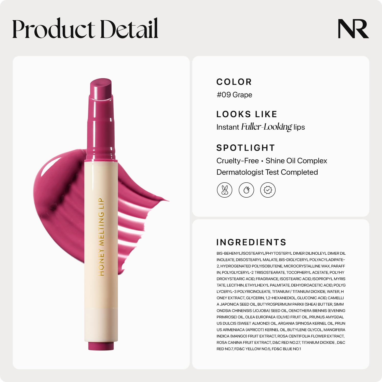 Nature Republic Honey Melting Lip color-swatches illustrate grape shade for versatile wear.