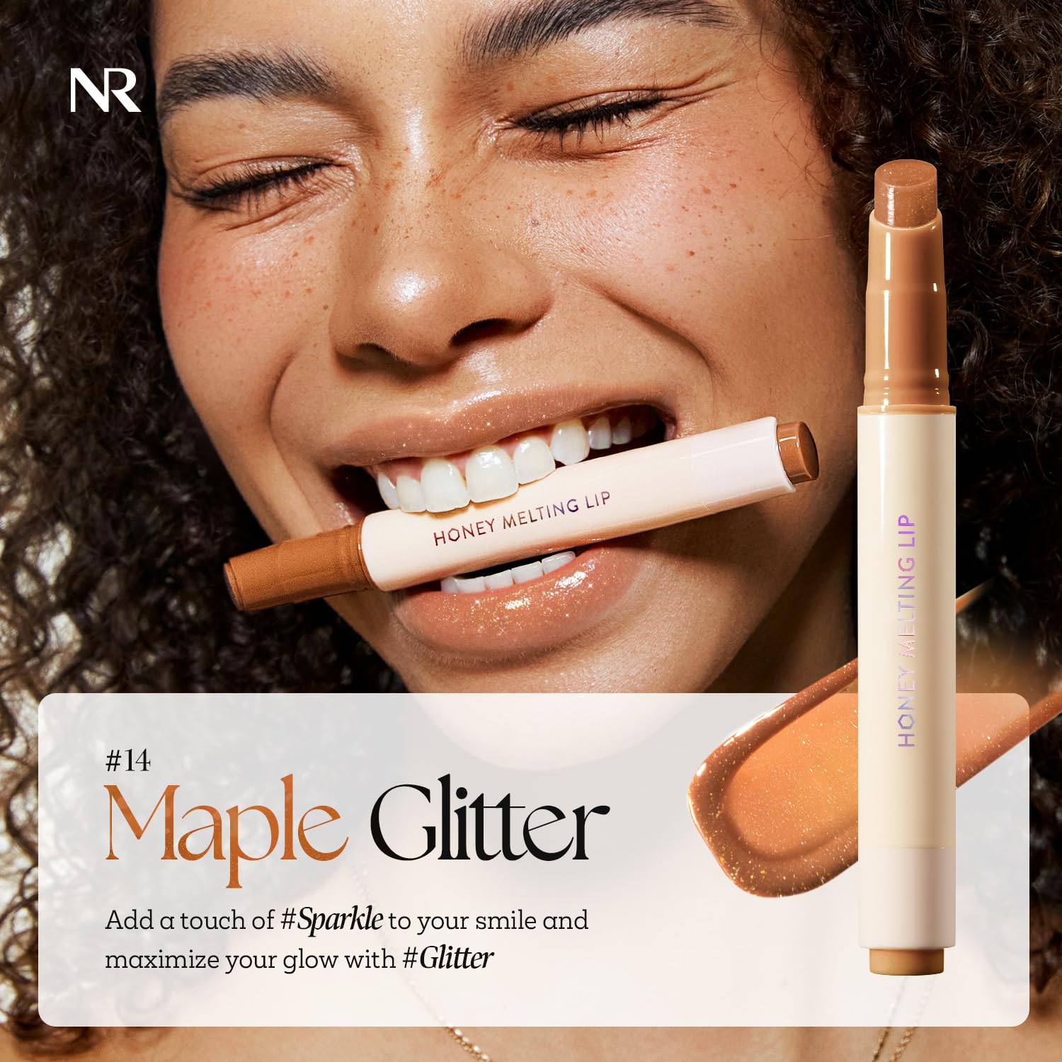 Nature Republic Honey Melting Lip Glitter Maple wearable gloss on lips.