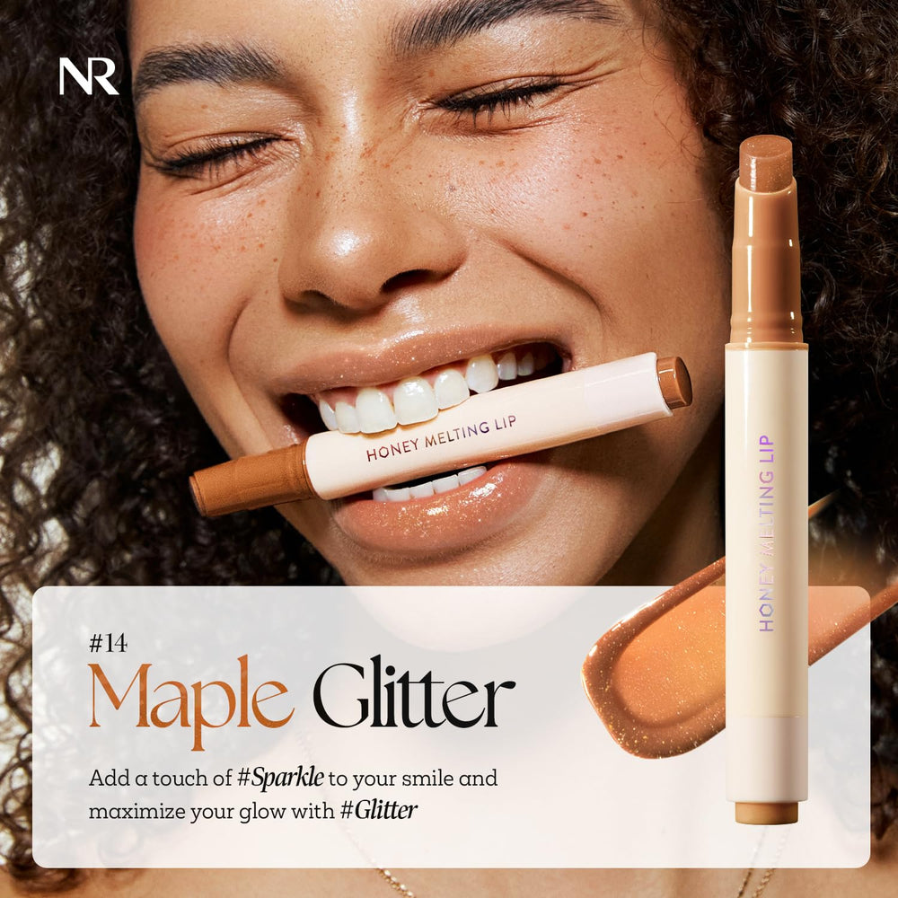 Nature Republic Honey Melting Lip Glitter Maple wearable gloss on lips.