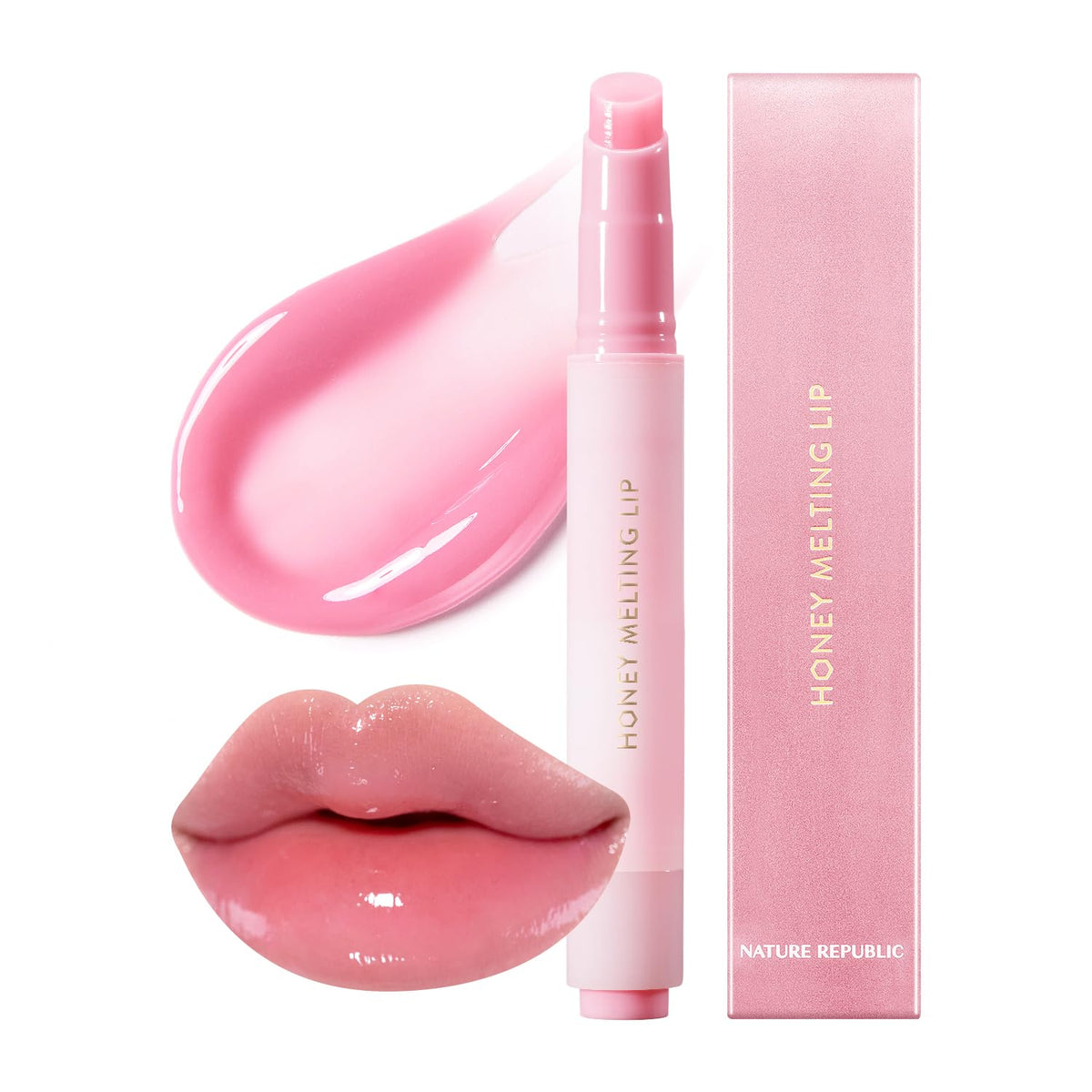 Nature Republic Honey Melting Lip Plumping 11 Pink tube closeup emphasizes hydrating texture