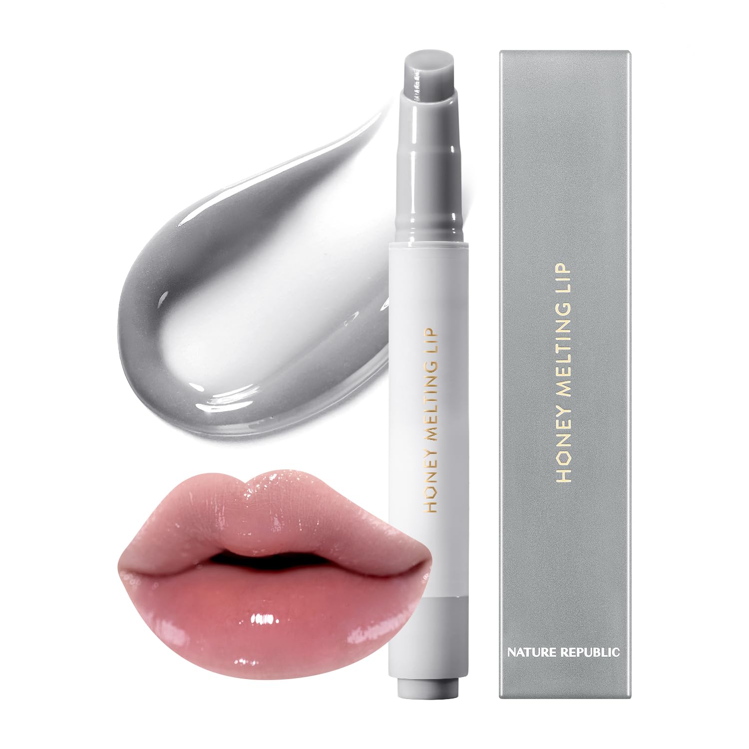 Nature Republic Honey Melting Lip Plumping 12 Gray tube closeup, creamy texture for smooth, hydrated lips