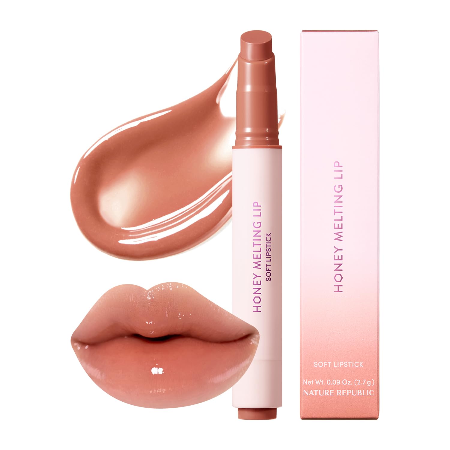 Nature Republic Honey Melting Lip Rose Beige cap shows hydrating glossy color.