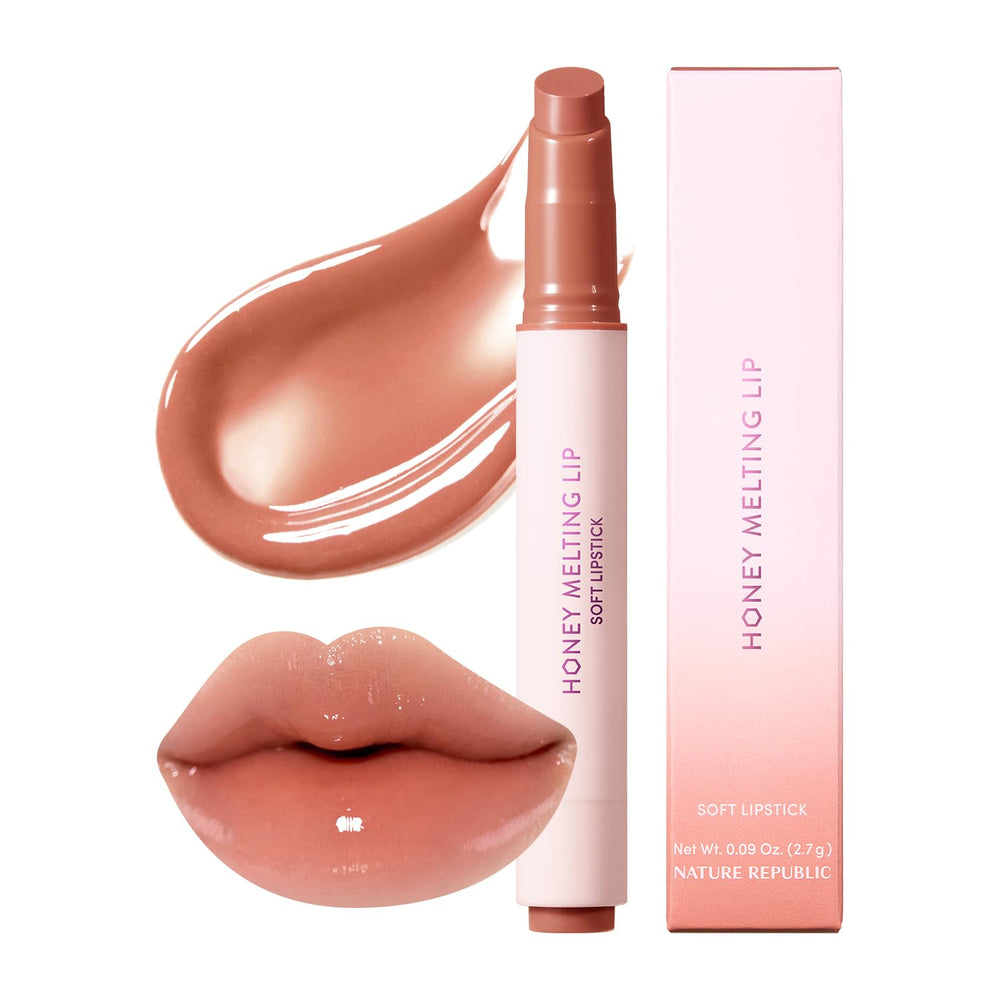 Nature Republic Honey Melting Lip Rose Beige cap shows hydrating glossy color.