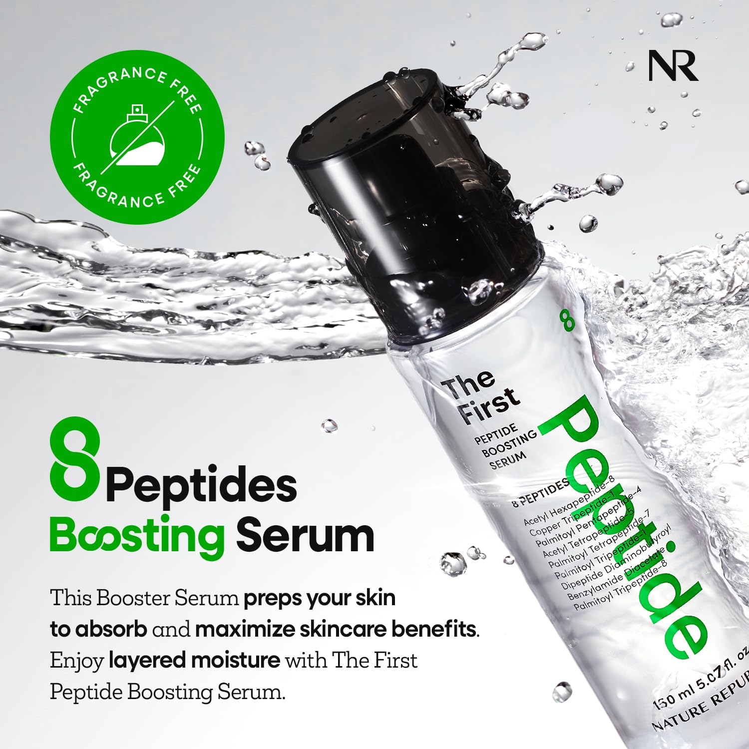 Nature Republic Peptide Serum bottle closeup highlighting rich texture for even skin tone prep
