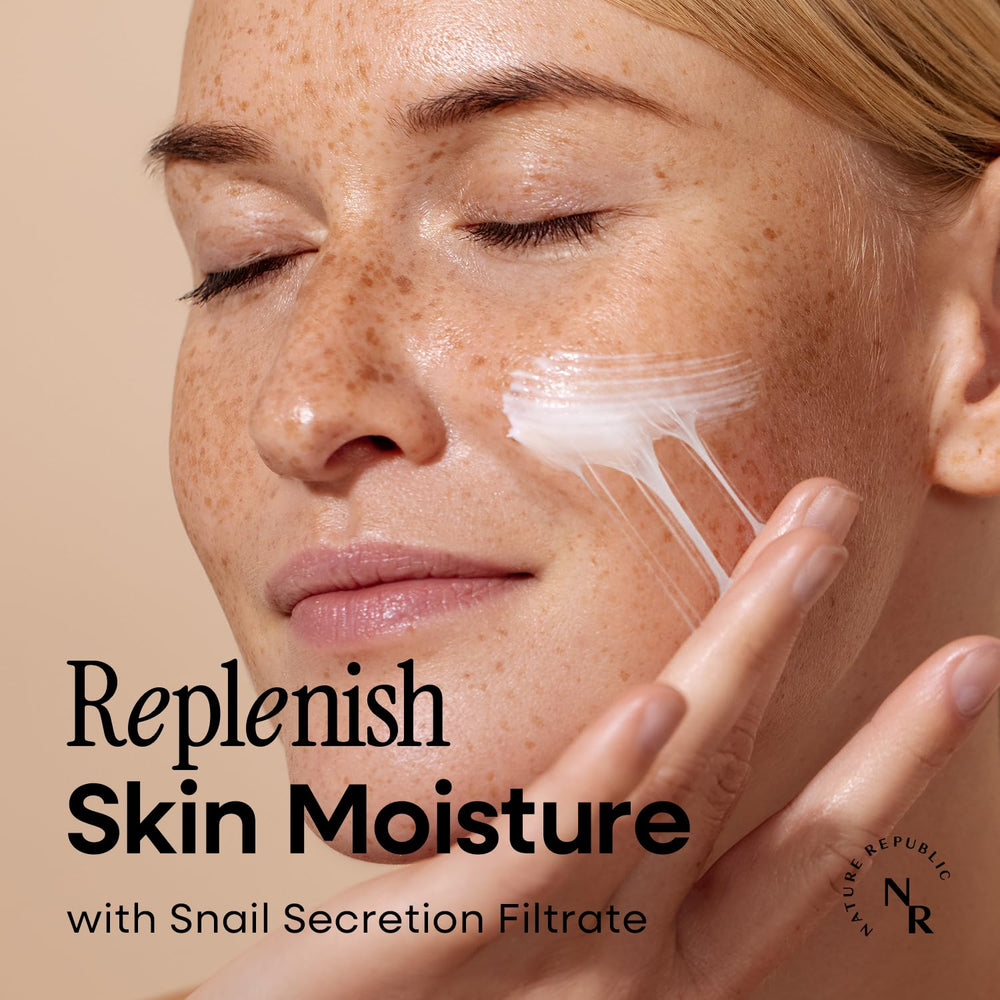 Nature Republic Snail Mucin Cream packaging highlights nourishing snail mucin and niacinamide benefits.