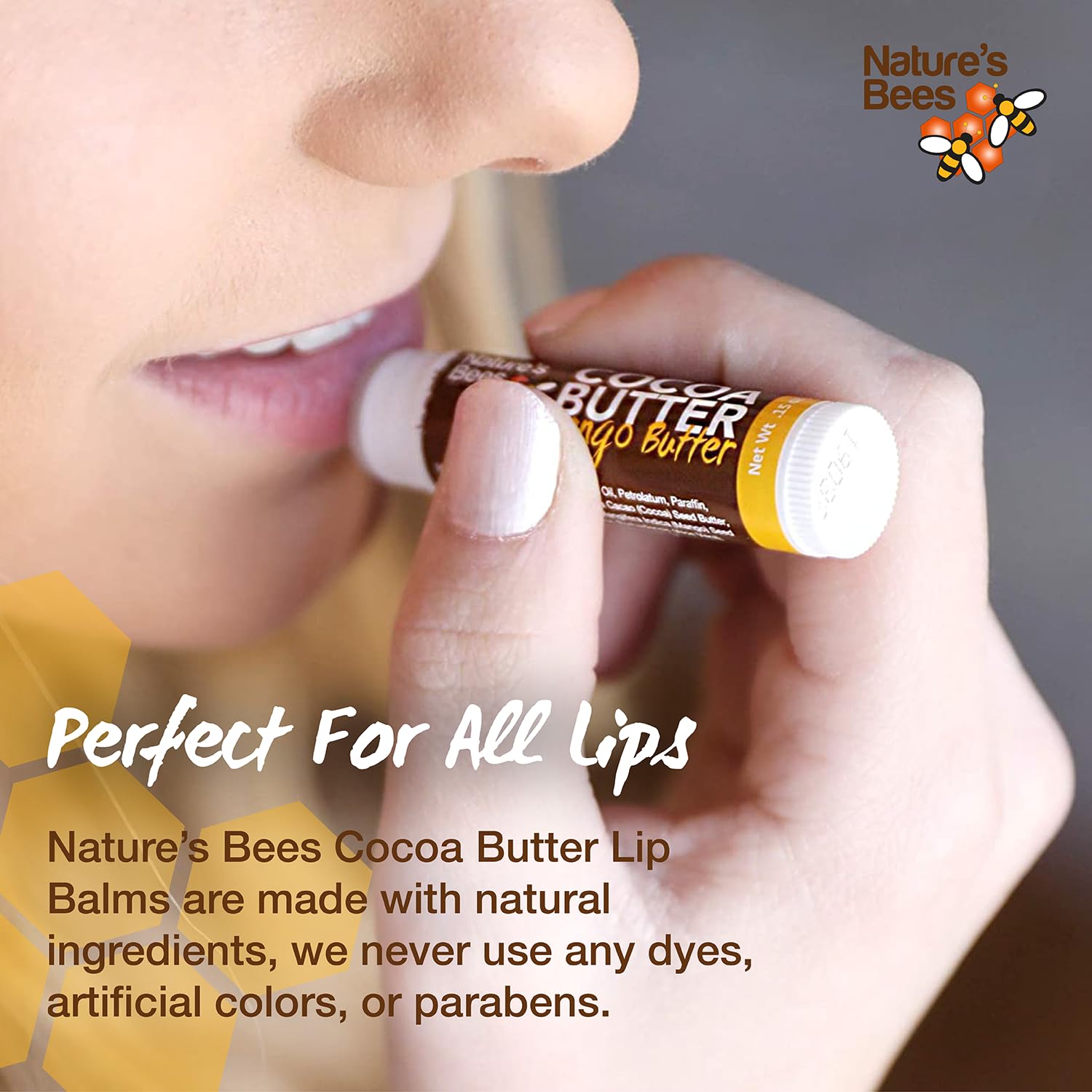 Nature’s Bees lip balm mango butter flavor tube emphasizes rich hydration and smooth lips.