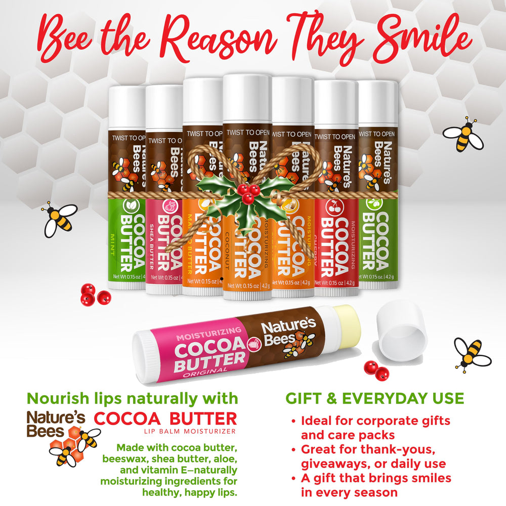 Nature’s Bees lip balm original flavor tube close-up highlighting daily moisturization.