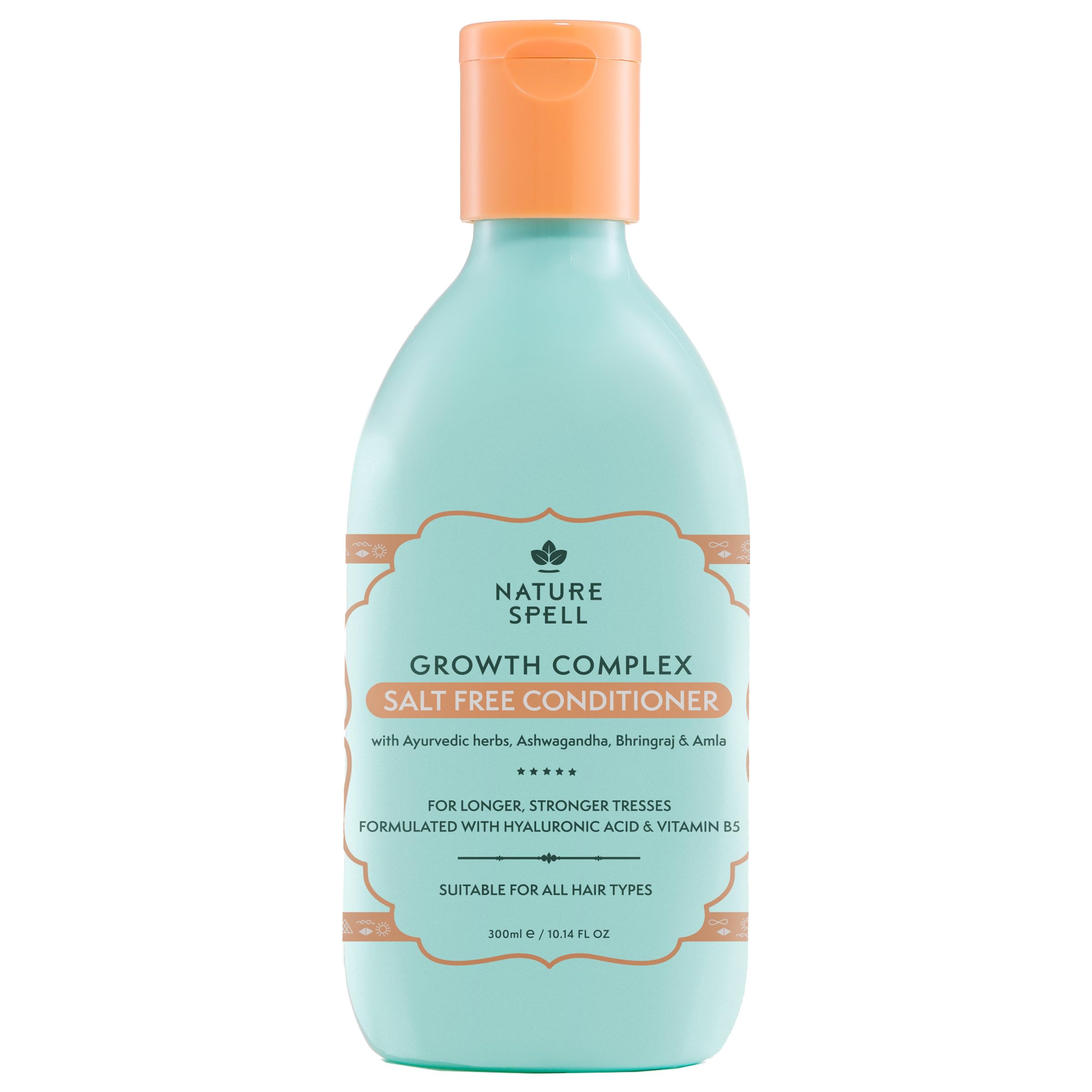 Nature Spell Hair Growth Conditioner bottle shows vegan, sulfate-free formula for nourished hair