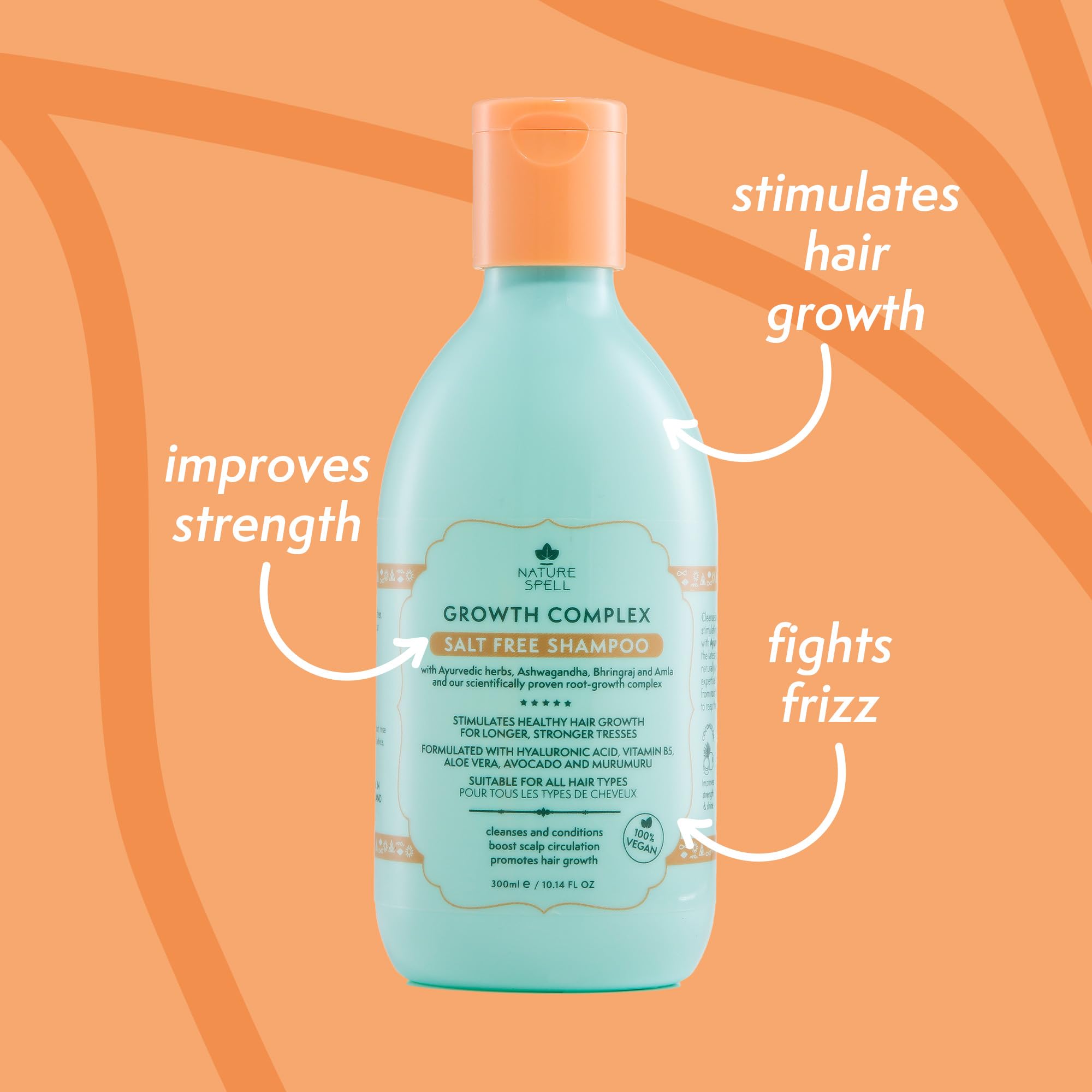 Nature Spell Hair Growth Shampoo ayurvedic herbs highlight rejuvenating ingredients.